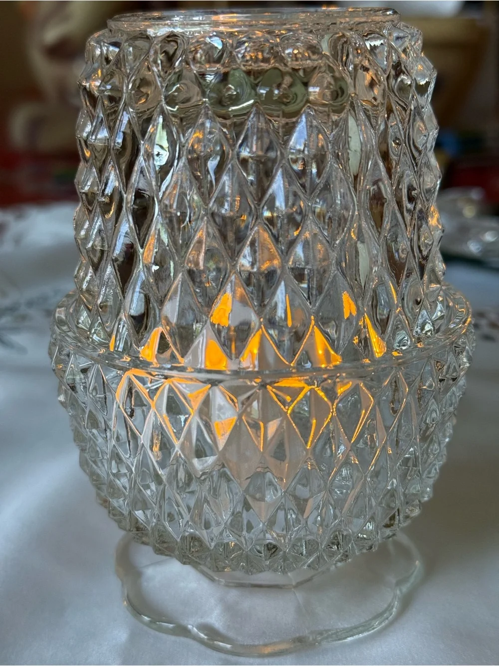 2 piece Indiana Clear Glass Diamond Point Fairy Lamp with geometric pattern.